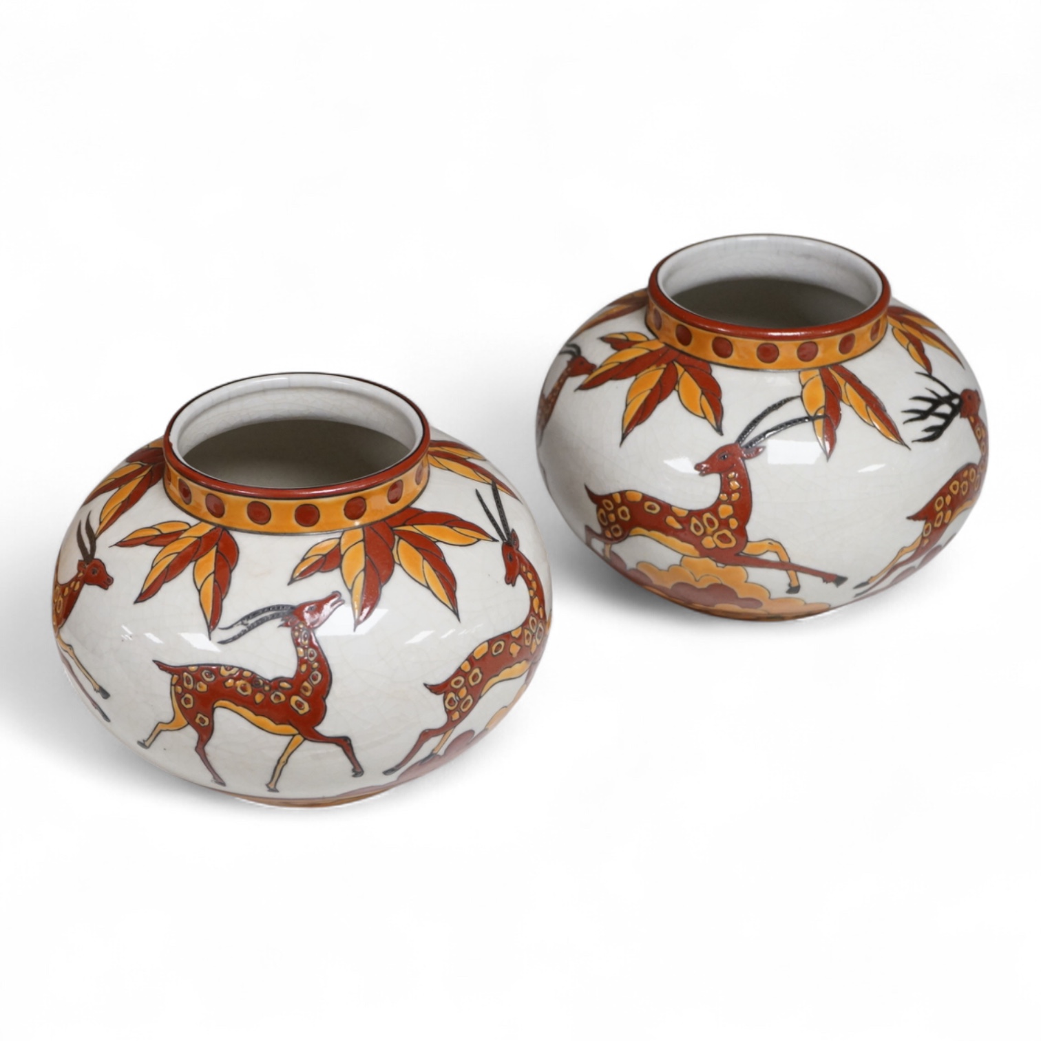 A pair of contemporary Boch Keramis pottery 'leaping deer' vases